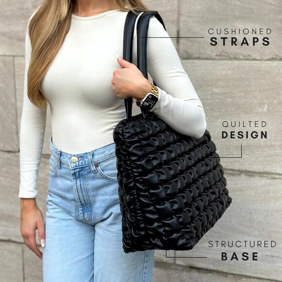 Stylish Quilted Puffer Tote Bag with Insert Pouch - Versatile Women's Accessory - Picture 3 of 7